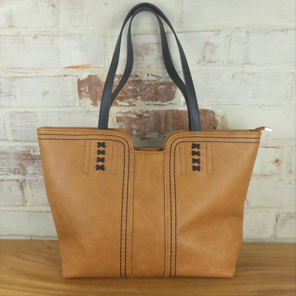 Montana West Tote Bag Camel Whipstitch Western Boho Purse Black Straps Gold Tone